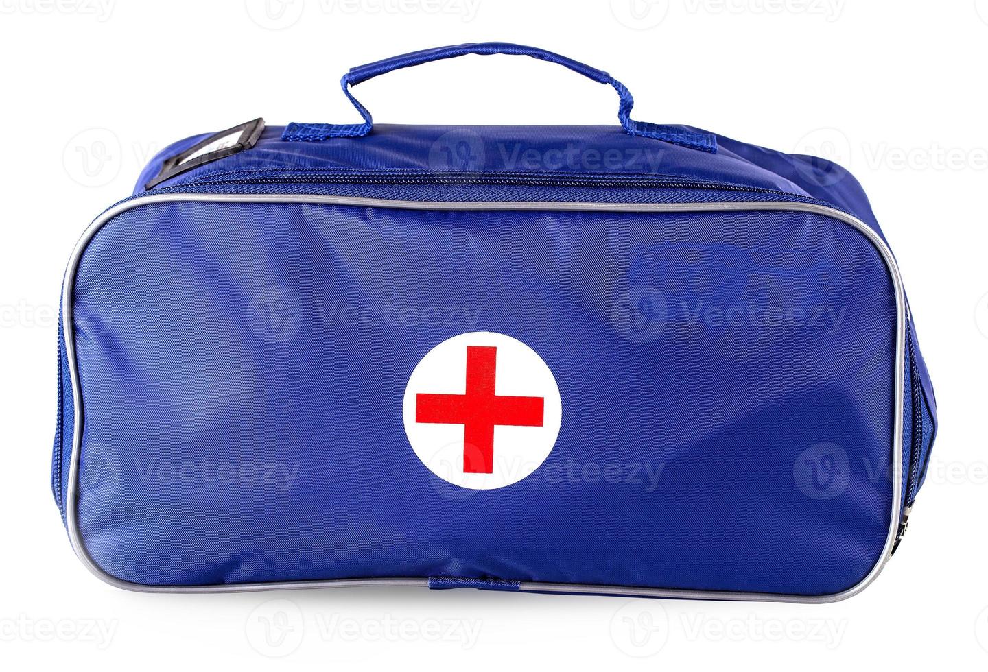 blue medical bag with red cross isolated on white photo