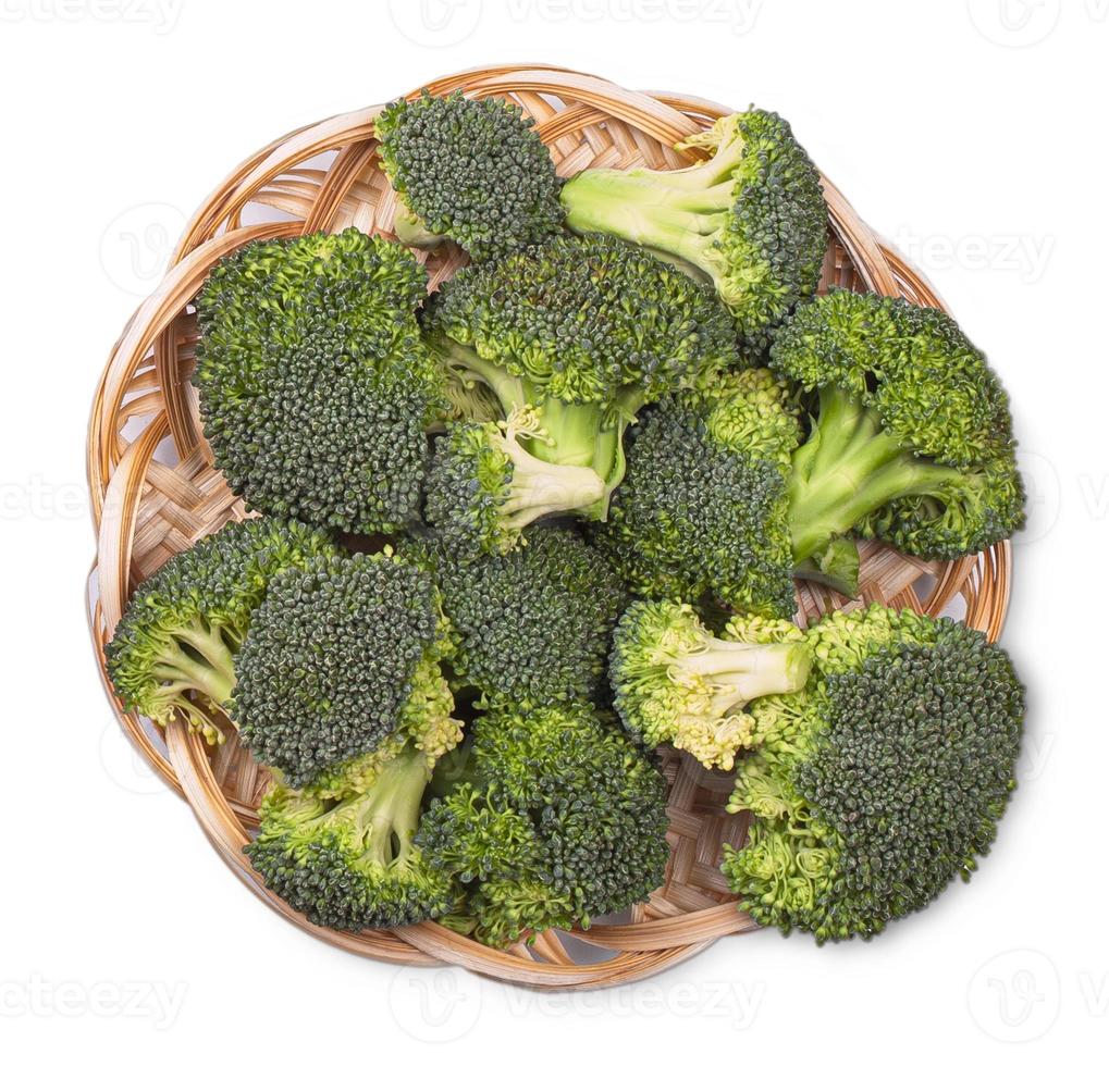 Wooden bowl of broccoli on white background. Healthy green organic vegetable photo