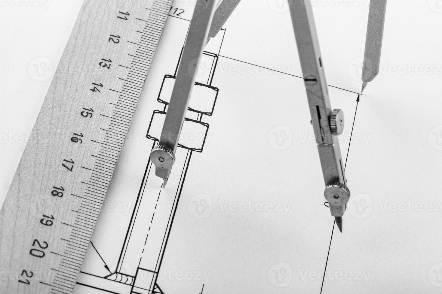 The Compasses in the drawings. Design and working drawings with compasses. selective focus photo