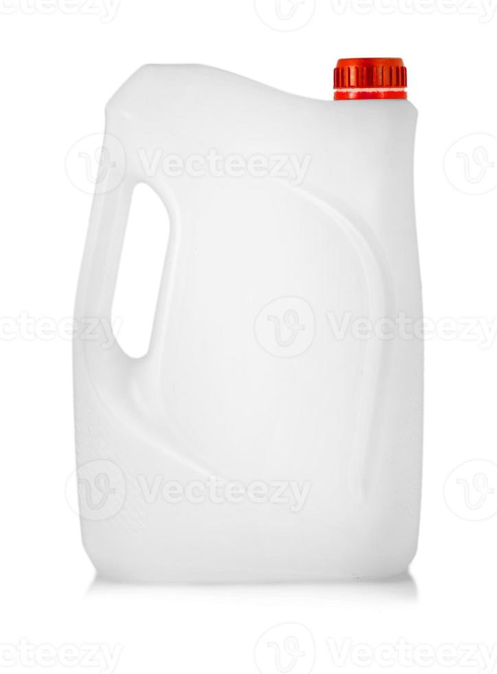 Canister of white plastic with a red lid on white background photo