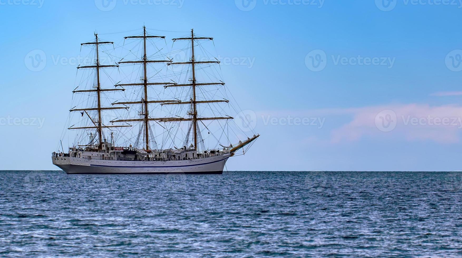 Sailing ship in the sea without sails. Selective focus photo