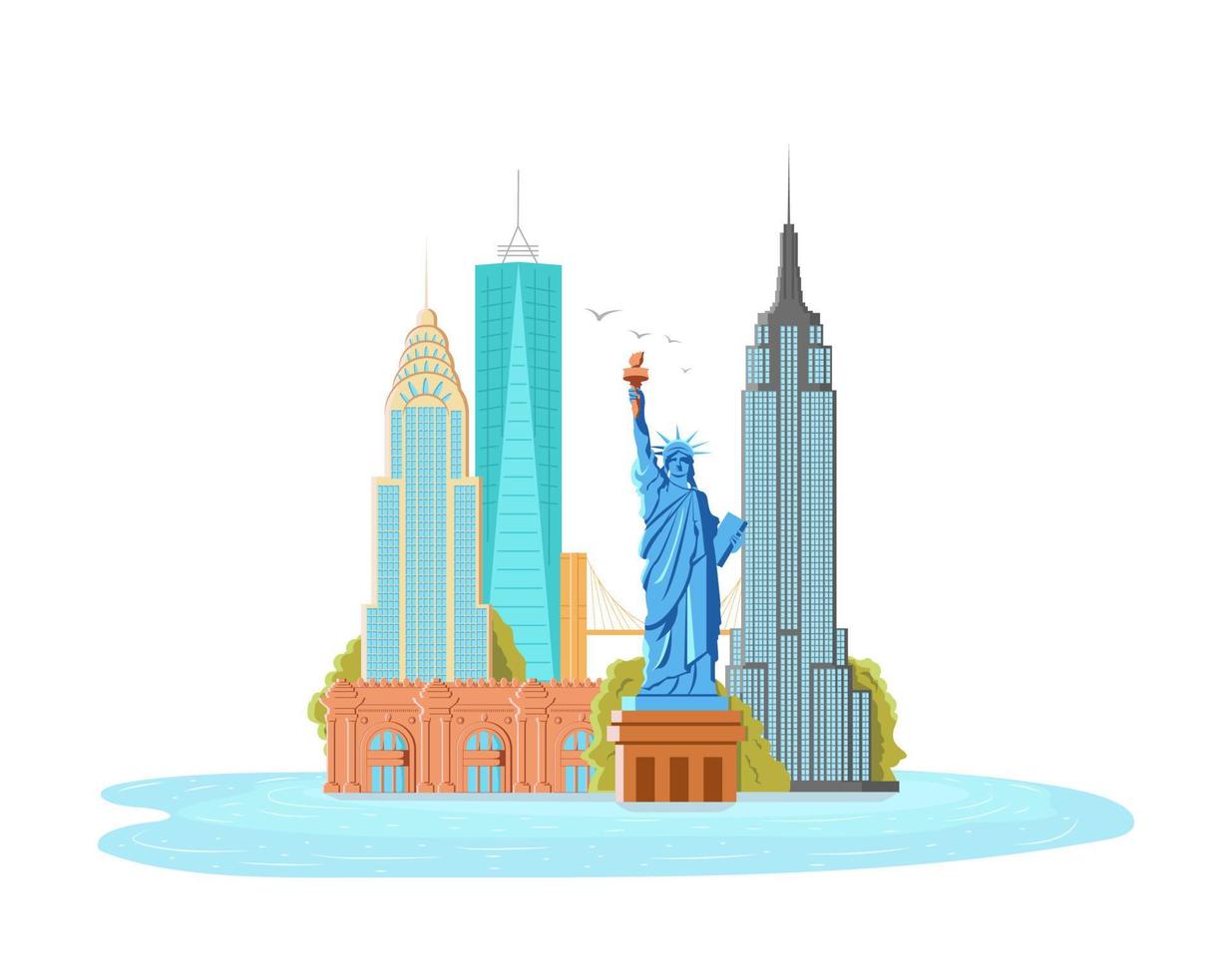 Illustration of New York City, vector landscape of buildings and the Statue of Liberty