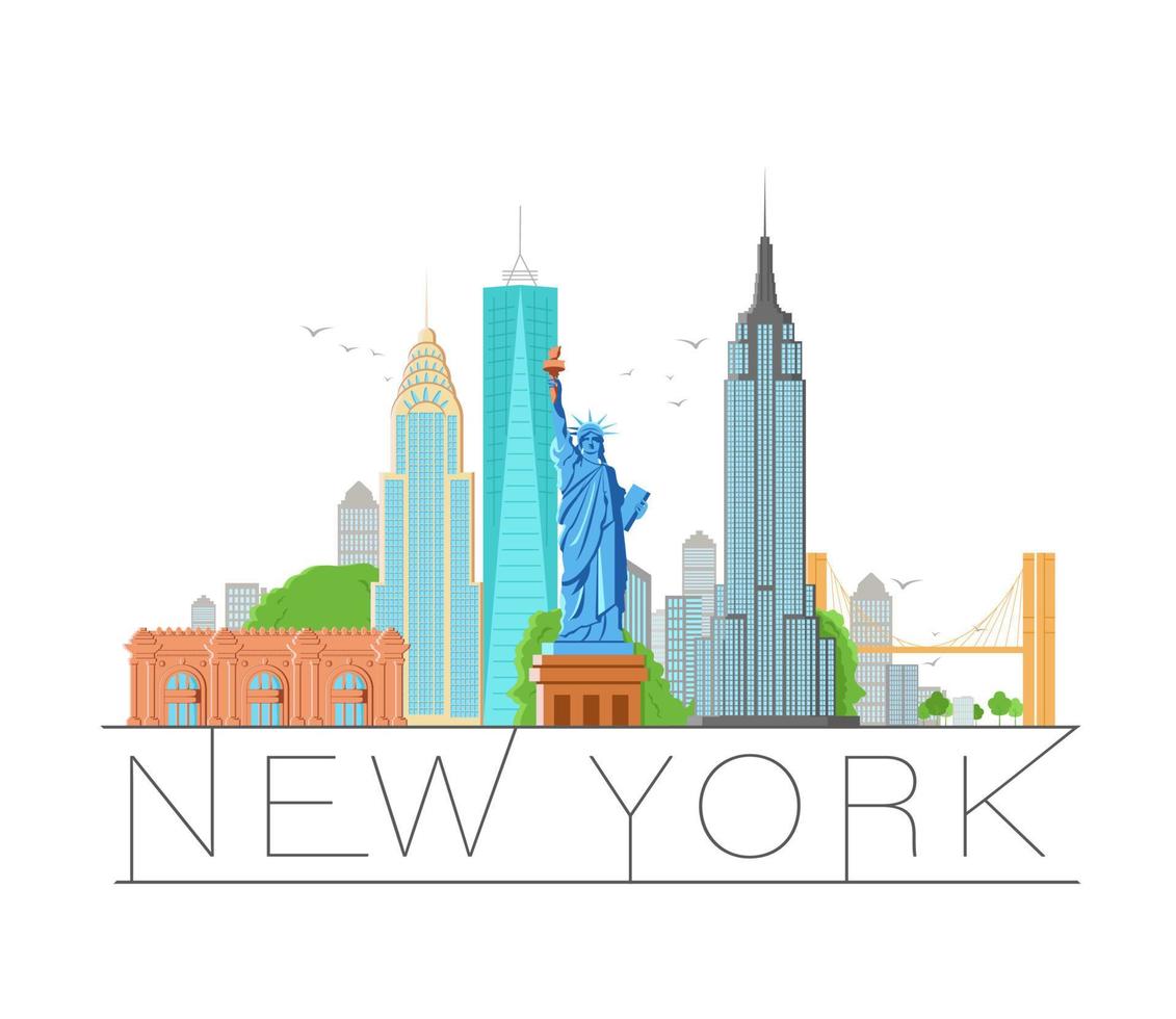 New York city architecture retro vector illustration, skyline city silhouette, skyscraper, flat design.