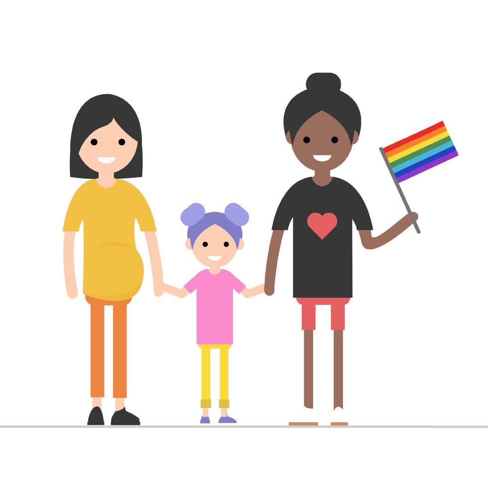Concept of same-sex marriage. Happy family is going for a walk. Two mothers and son. Flat vector illustration