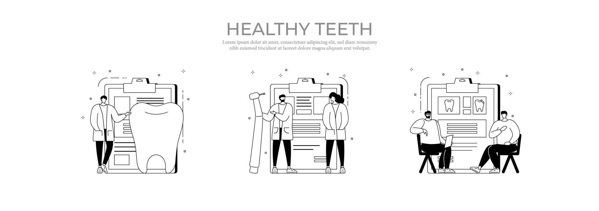 conjunto de vectores de color blanco y negro plano concepto de cuidado de los dientes composición cuadrada de chequeo médico herramientas de dentista tratamiento e higiene ilustración vectorial aislada.