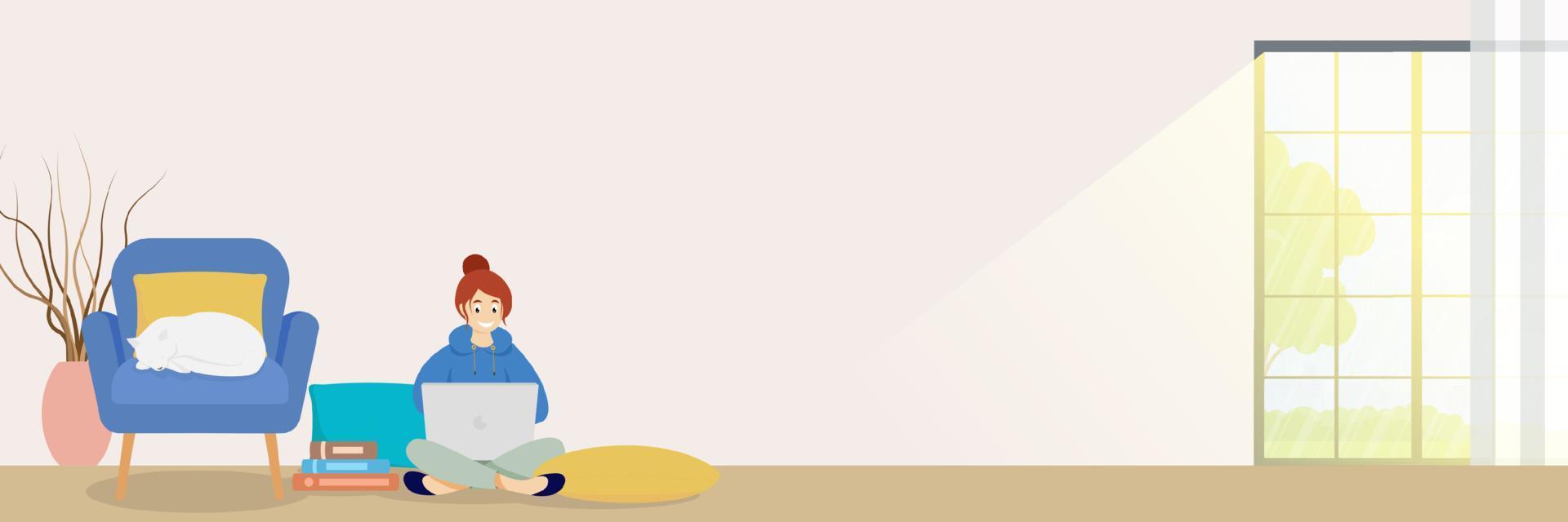 A woman working at home. She has a lot of work, the cat also sleeps. Woman working with laptop at her work desk and testing ui and ux. Vector illustration of student