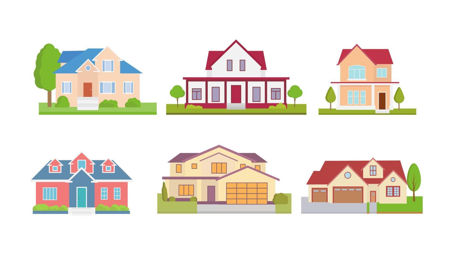 establecer iconos planos de casas y edificios aislados en blanco. ilustración vectorial vector