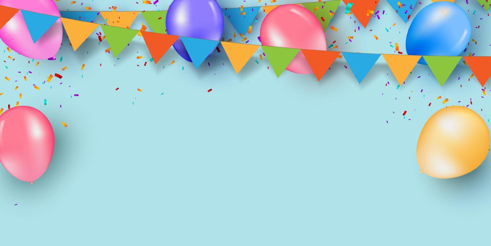 Colorful holiday blue background with balloons and confetti. Vector