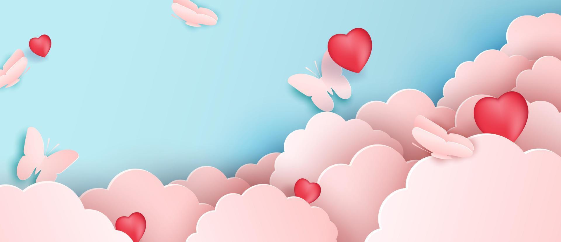 diseño de corte de papel, nubes de papel vectorial con mariposas. nube rosa y fondo azul. vector