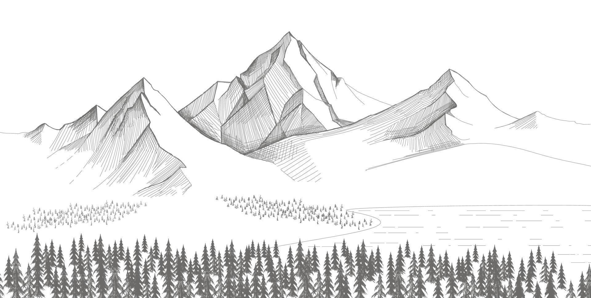 paisaje de montaña, bosquejo de pinos. ilustración vectorial dibujada a mano vector