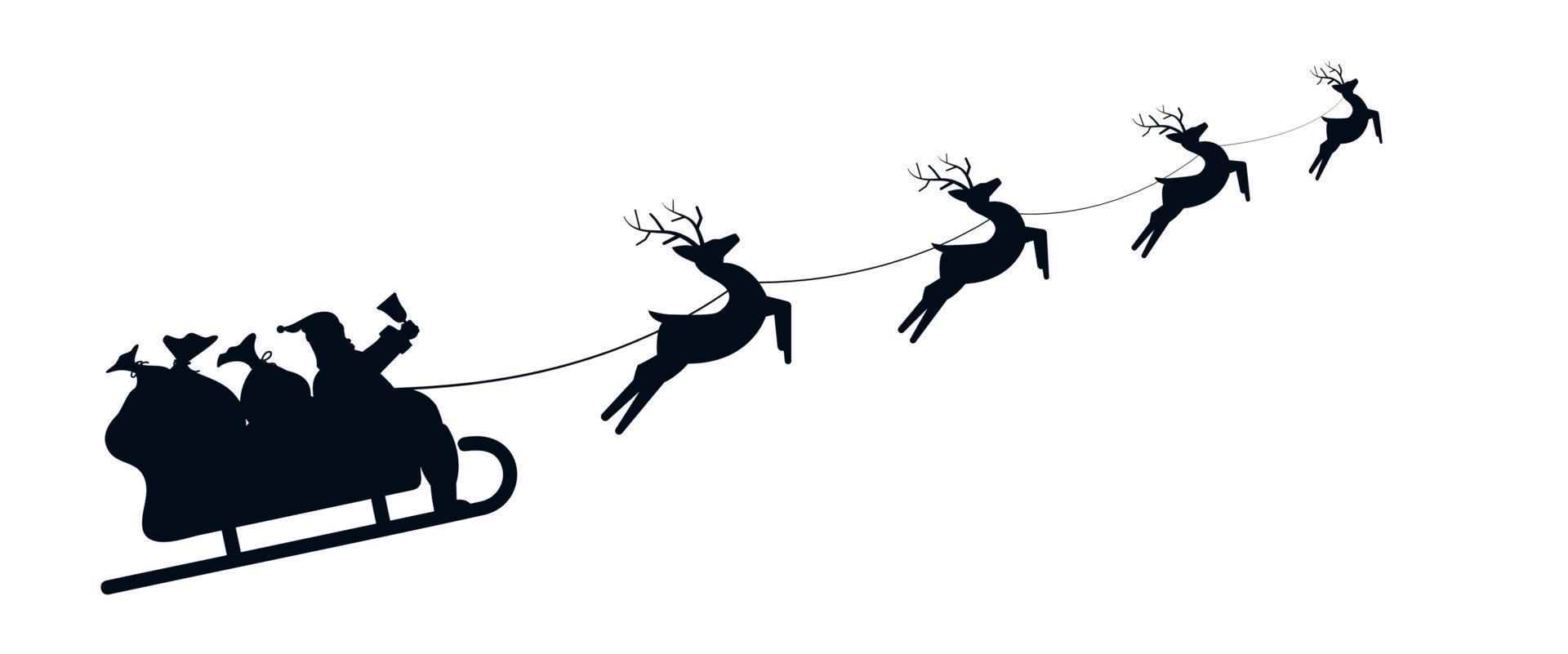 Santa Sleigh Silhouette illustration of Santa Claus in his sleigh flying through the sky being pulled by his reindeer vector