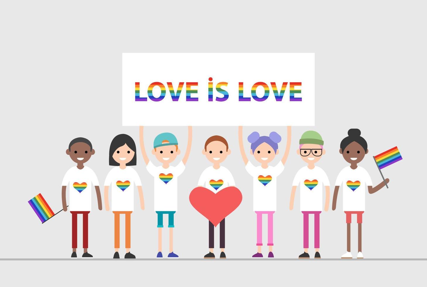 Lgbt people Gay parade. People with placards. Sexual revolution or free love. Holiday, celebration, festivity vector illustration.