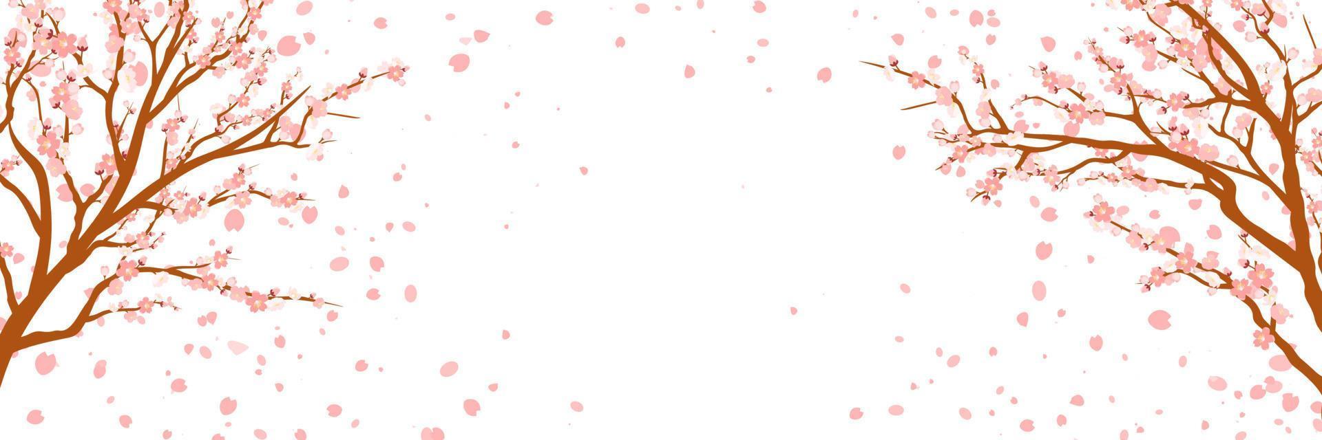 Branches with pink flowers and cherry buds. Sakura. Petals flying in the wind. isolated on white background. vector illustration.