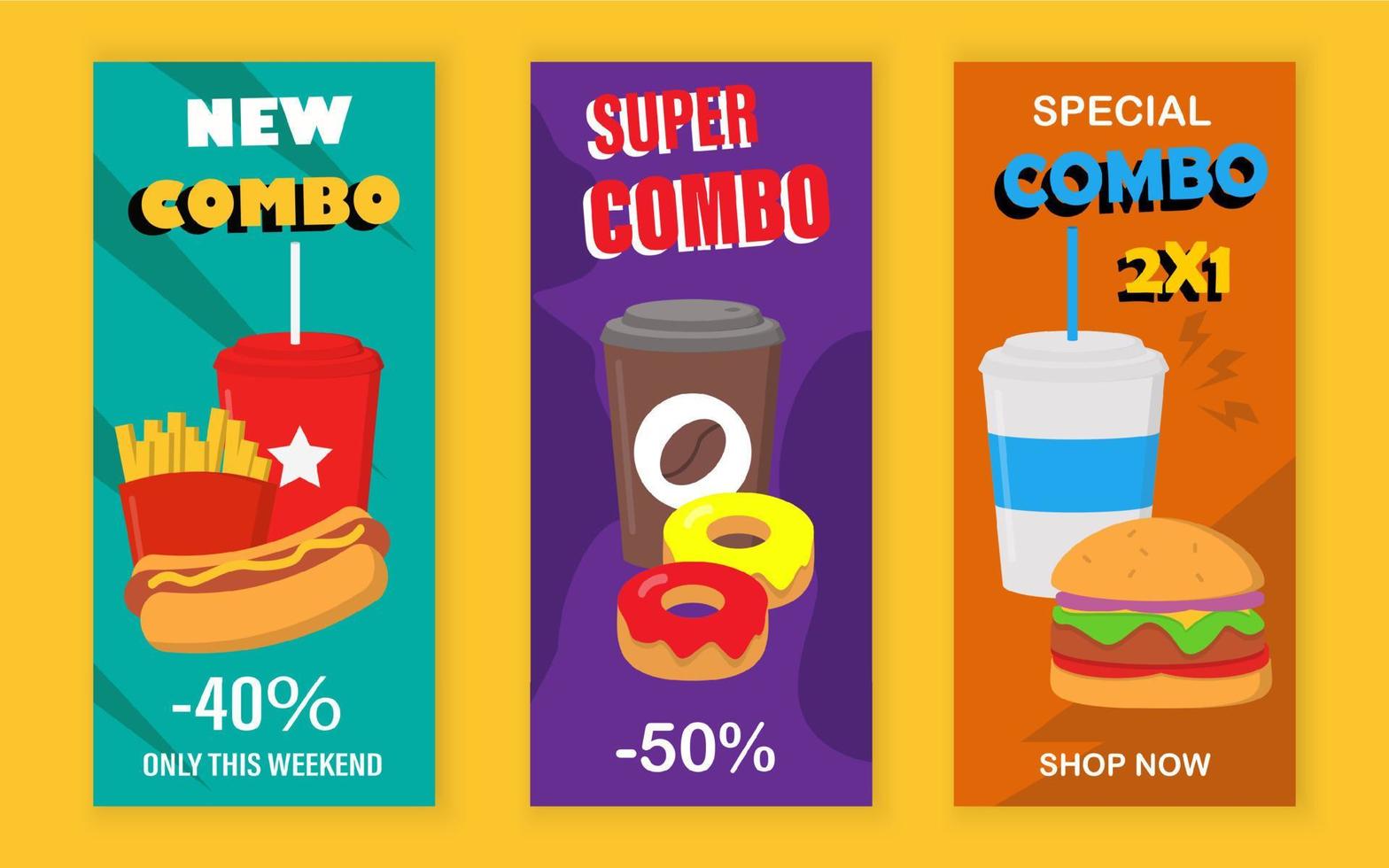 Set of Discount flayers with fast food template design of food and drinks. Vector illustration.