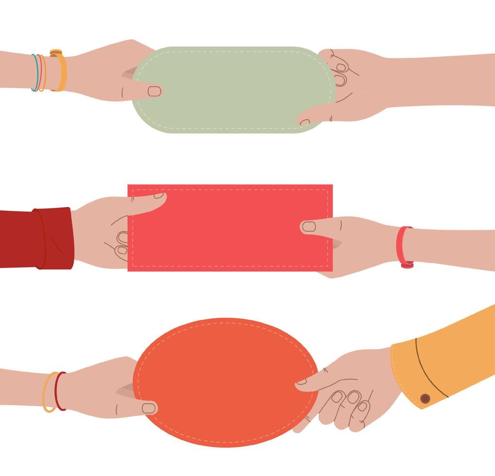 muchas manos diferentes sostienen burbujas de habla. uniéndose para apoyar un caso común, entregando un mensaje compartido, promoviendo una idea. ilustración de estilo plano, aislada sobre fondo blanco vector