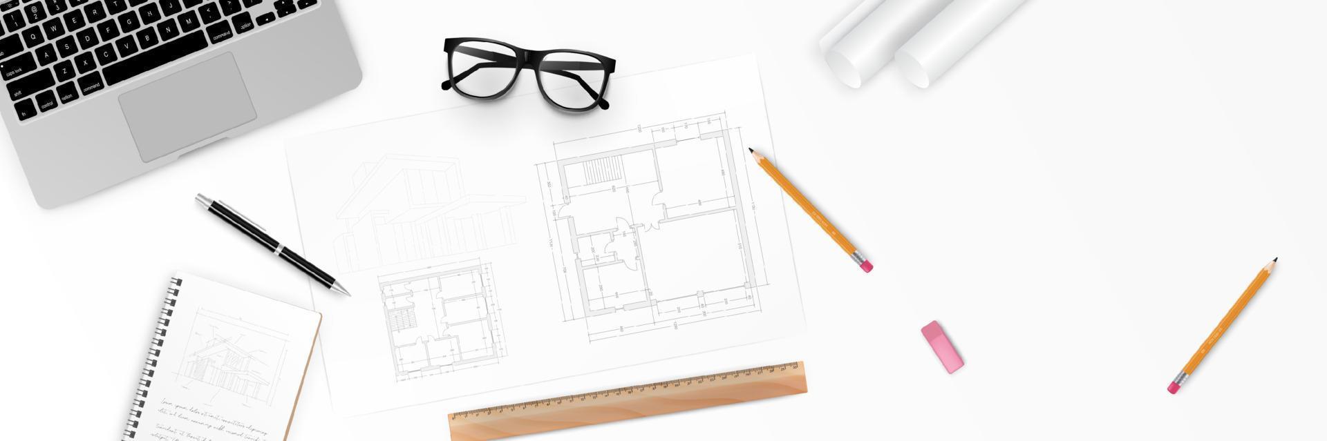 Vector illustration Workplace of architect - Architectural project, blueprints, blueprint rolls and pen on plans. Engineering tools view from the top. Construction background