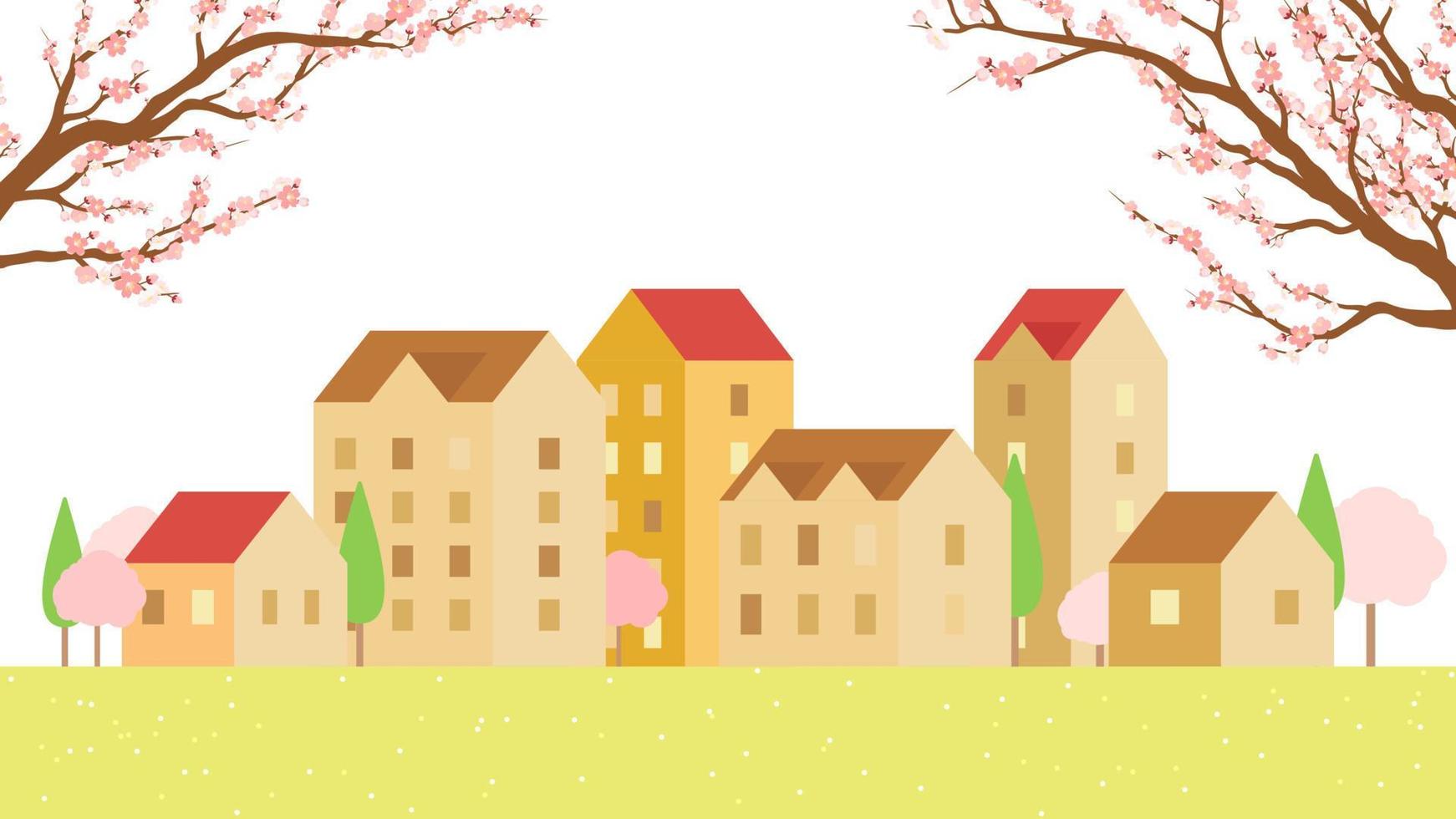 Summer season in small town, tiny village view, row of residential houses, beautiful green neighborhood, real estate development, vector flat design illustration.