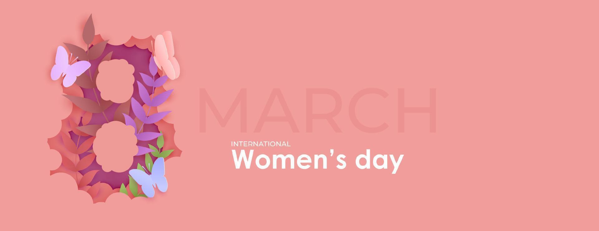 Card for 8 March womens day. Flowers inside number eight cut from paper. Abstract background with text and flowers .Vector illustration. Paper cut and craft style. vector