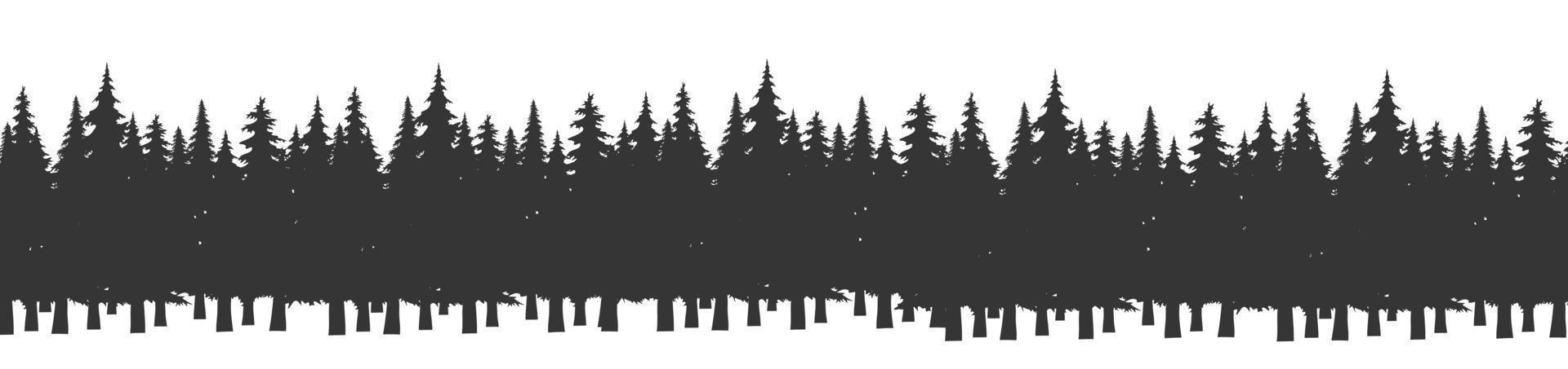 Forest of Christmas fir trees silhouette. Coniferous spruce panorama. Park of evergreen wood. Vector on white background