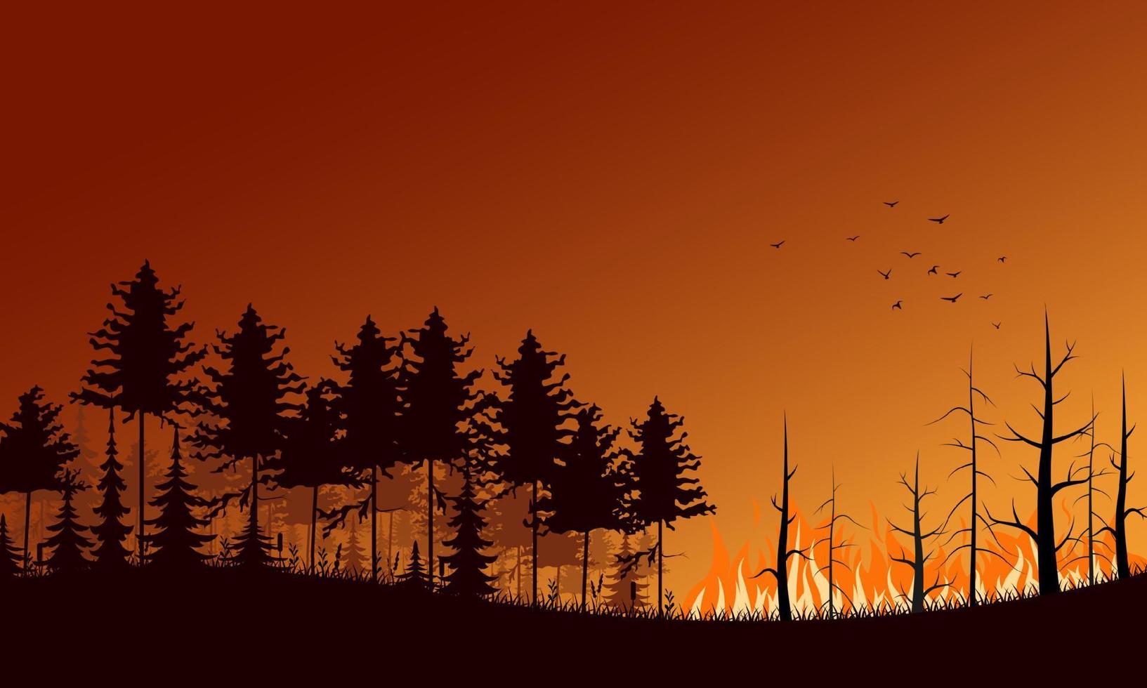 Forest fire. Flat vector illustration. Burning forest spruces in fire flames vector illustration.