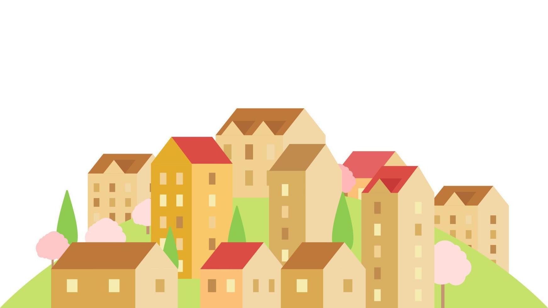 temporada de verano en un pueblo pequeño, vista de pueblo pequeño, fila de casas residenciales, hermoso vecindario verde, desarrollo inmobiliario, ilustración de diseño plano vectorial. vector