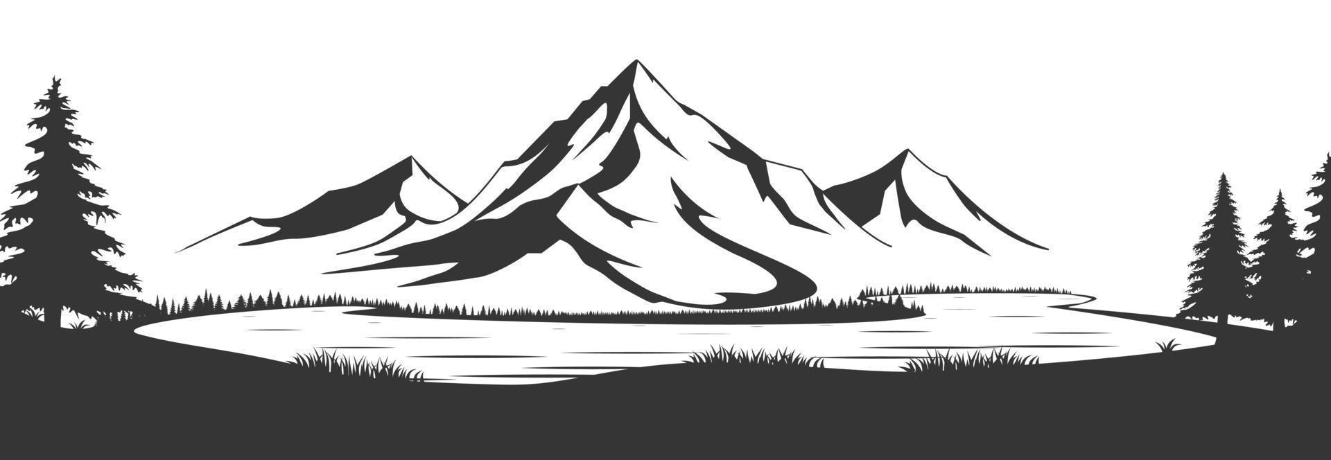 Wild natural landscape with mountains, lake, rocks. Illustration converted to vector. Great for travel ads, brochures, labels, flyer decor, apparel, t-shirt print. Vector illustration.