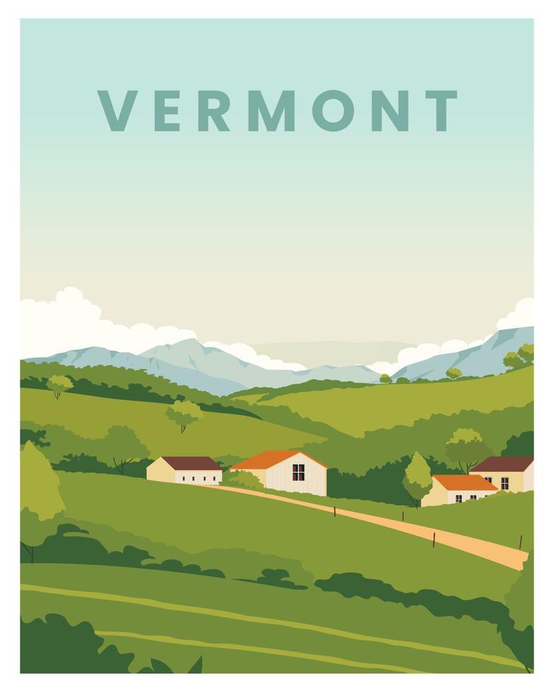 fondo paisajístico del pintoresco pueblo de vermont. viajar a vermont, nueva inglaterra, estados unidos. ilustración vectorial con estilo coloreado para póster, postal, tarjeta, impresión. vector