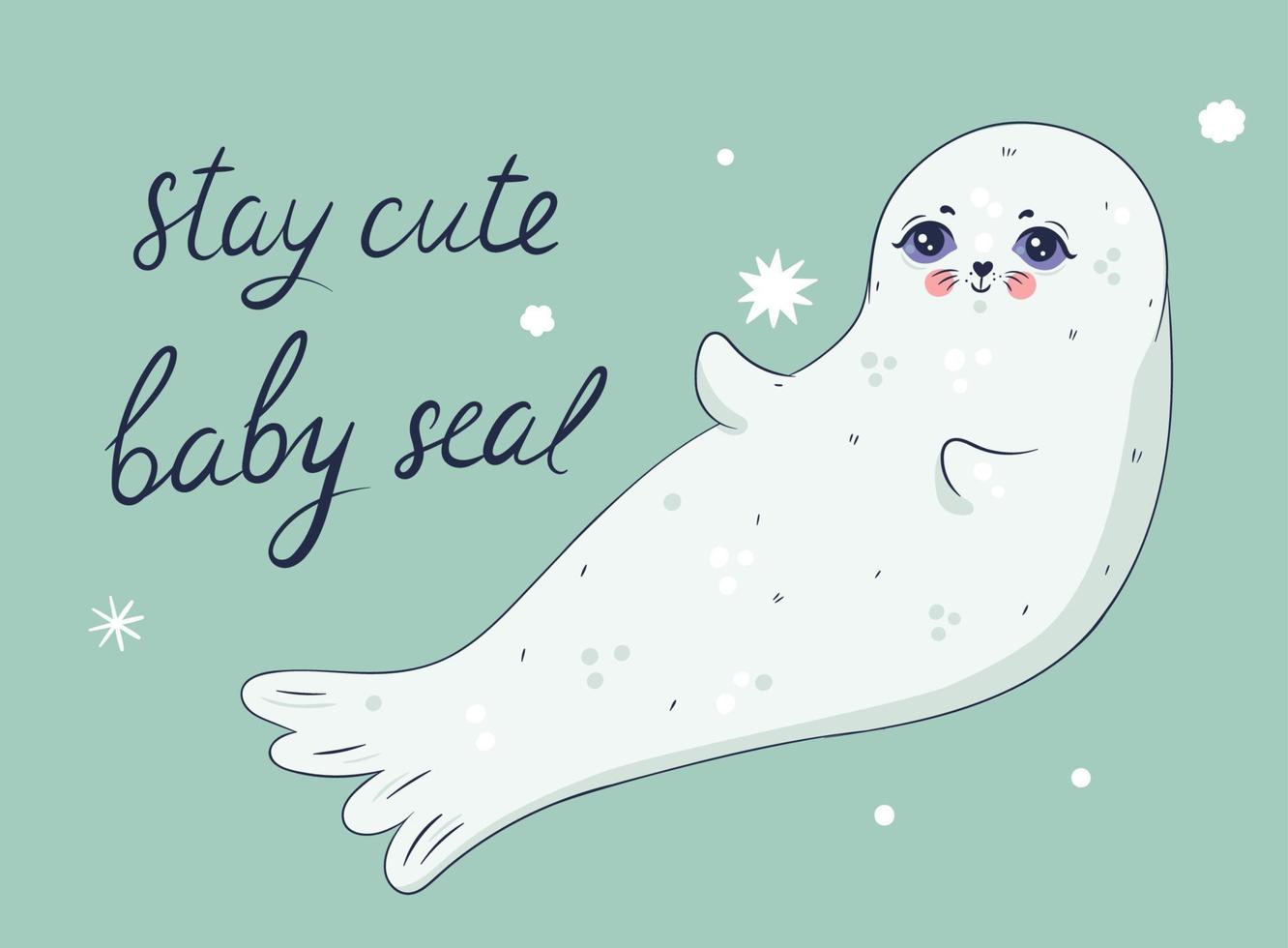 Postcard with a cute baby seal. Vector graphics.