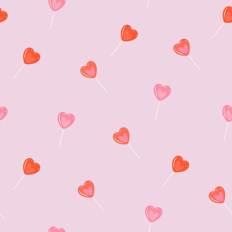 Seamless pattern with red and pink lollipop hearts. Vector graphics.