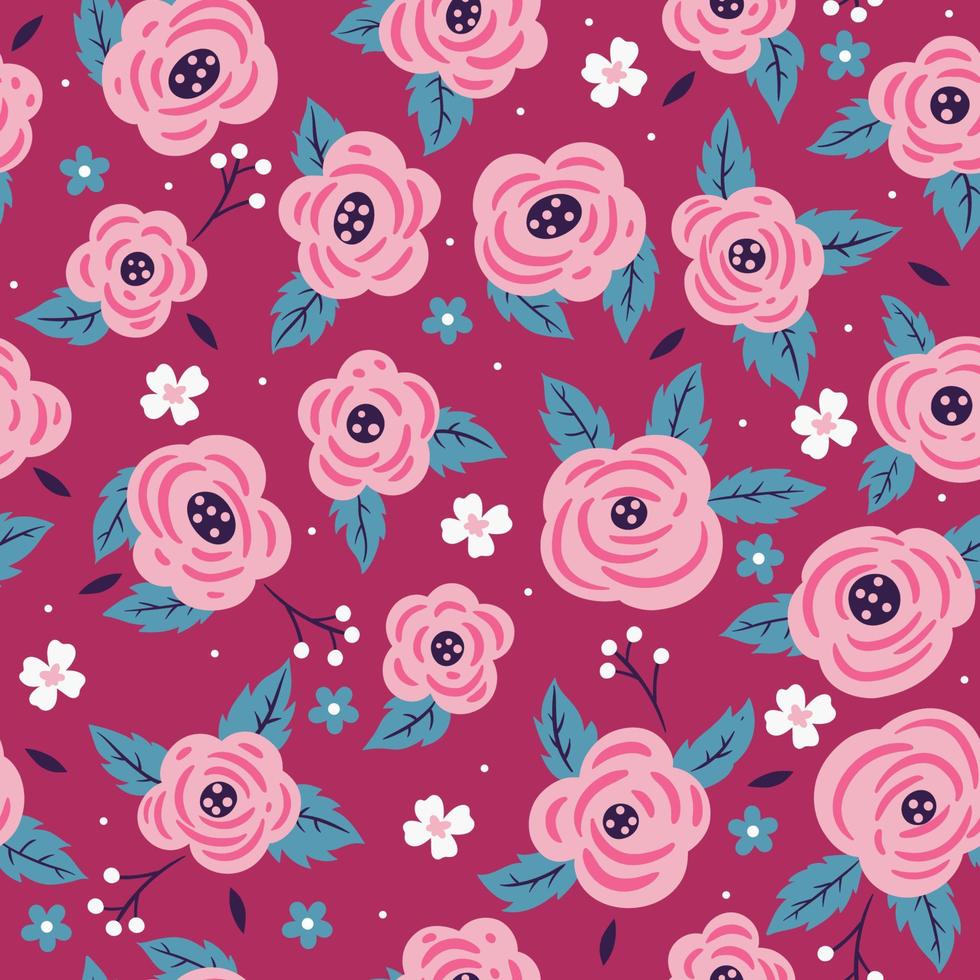 Seamless pattern with cute pink flowers. Vector graphics.