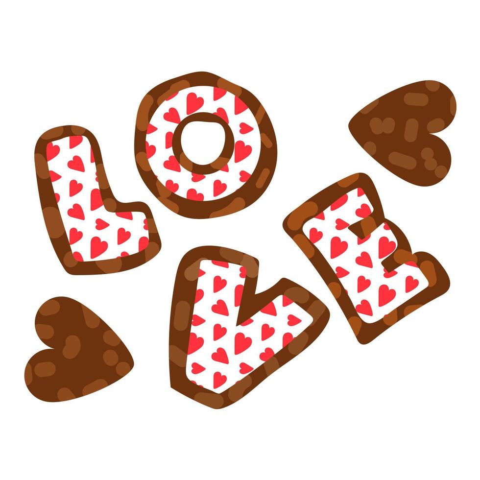 Letters love in the form of cookies with icing. Ginger cookies in the shape of letters with a contour of glaze. Background for printing a postcard with cookies vector