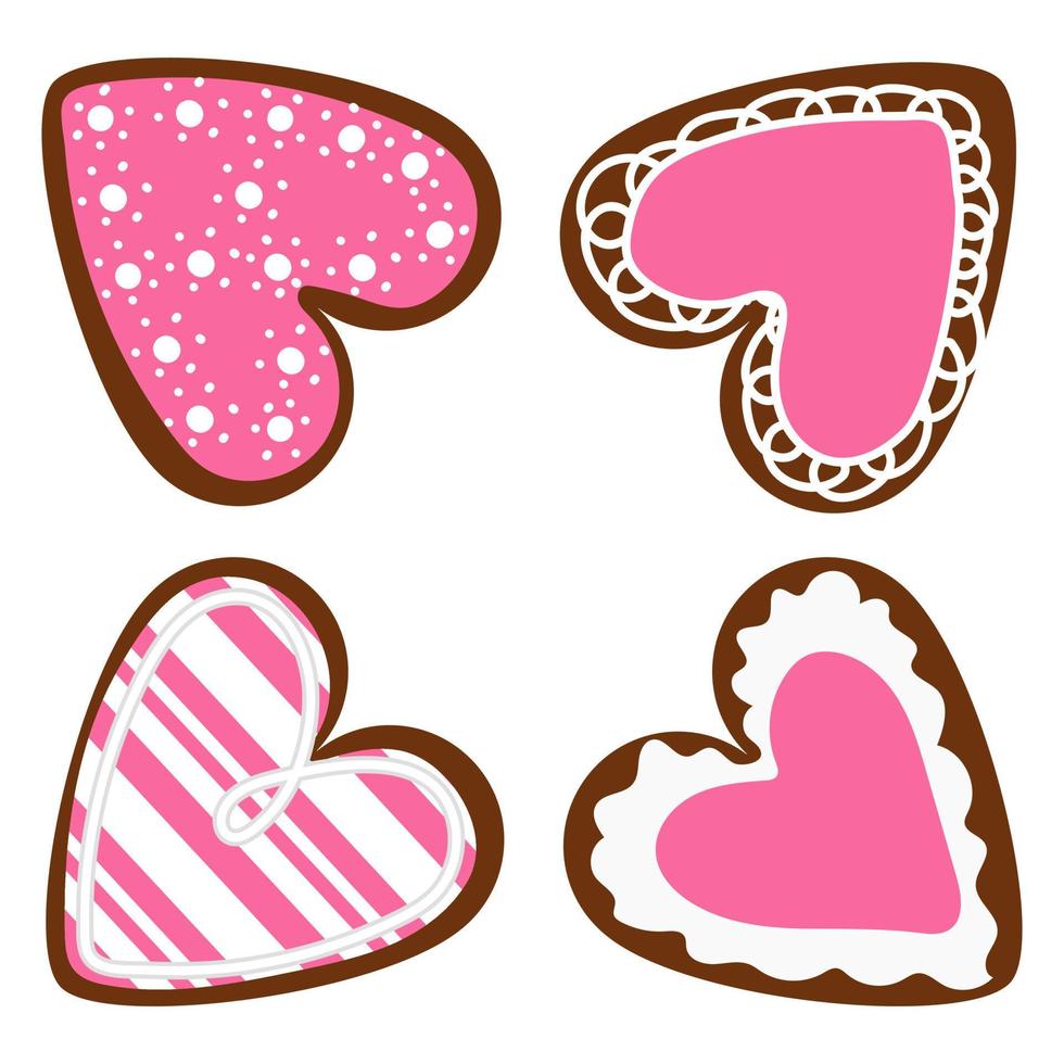 un conjunto de corazones de diferentes colores en forma de galletas con glaseado. galletas de jengibre en forma de corazones con un tipo diferente de glaseado. fondo para imprimir empaques de vacaciones, tienda de dulces vector