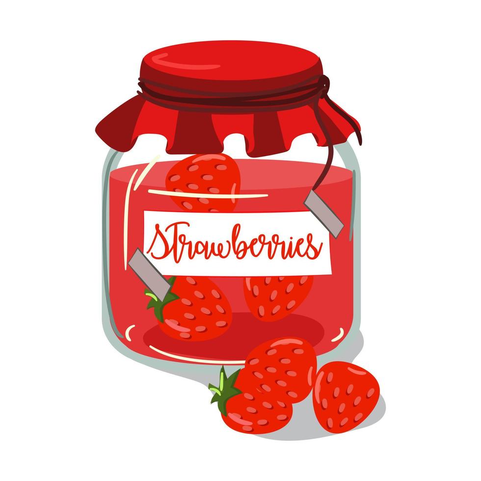 Strawberry jam jar cute vector illustration. Vintage glass container with jelly and berry label. Cute vector illustration for printing on textiles and paper