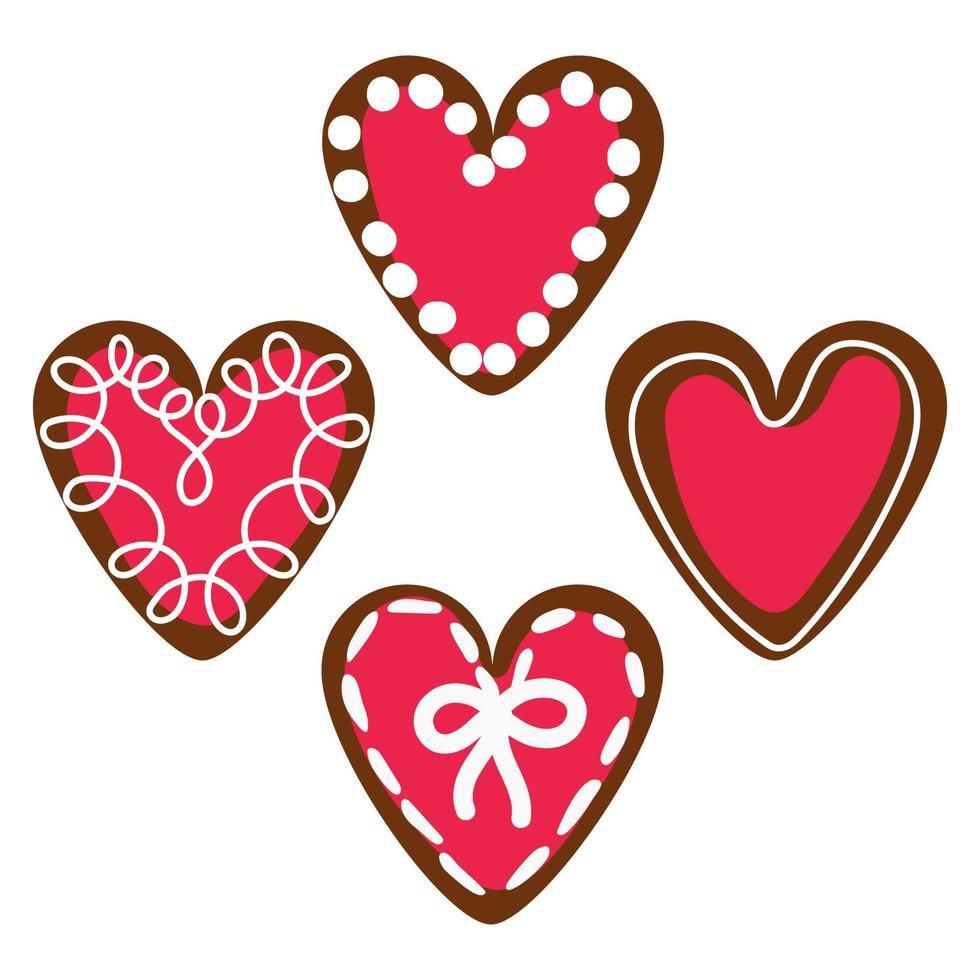 A set of hearts of different colors in the form of cookies with icing. Ginger cookies in the shape of hearts with a different kind of glaze. Background for printing holiday packaging, candy store vector