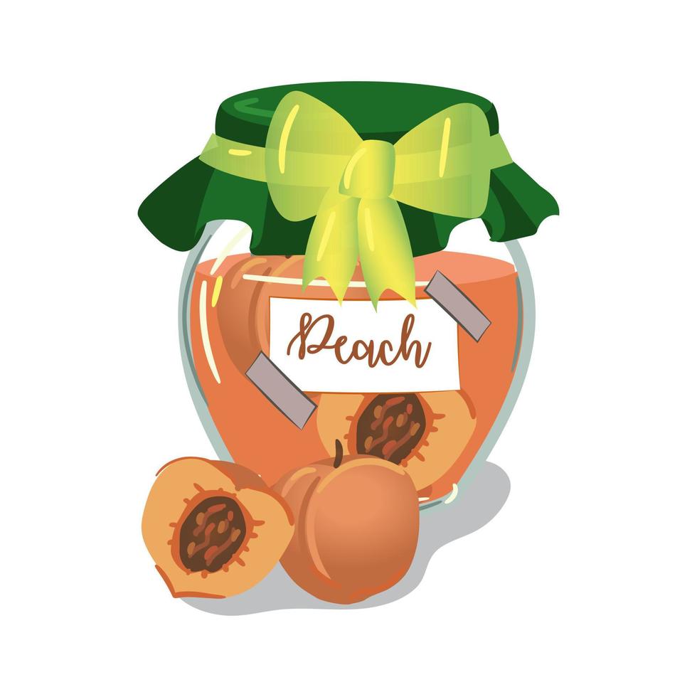 A jar of peach jam is a cute vector illustration. Vintage glass container with jelly and berry label. Cute vector illustration for printing on textiles and paper