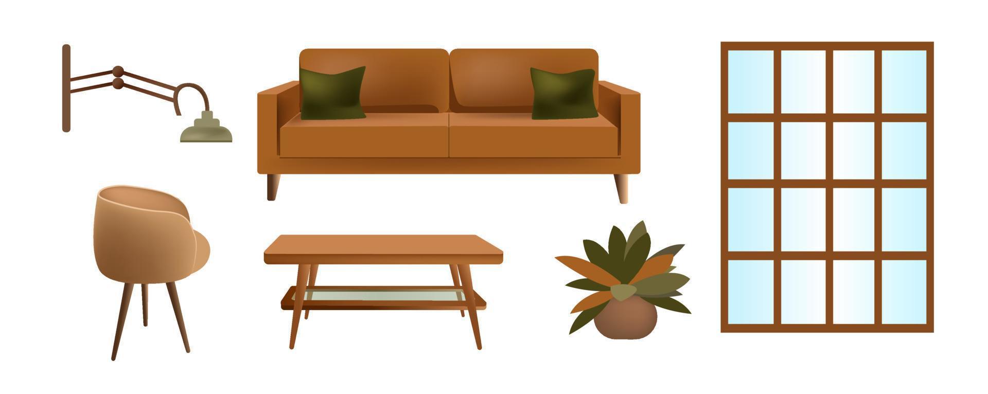 juego de muebles en la sala de estar. sofá, silla, mesa de centro, lámpara y ventana. objetos aislados sobre un fondo blanco. vector