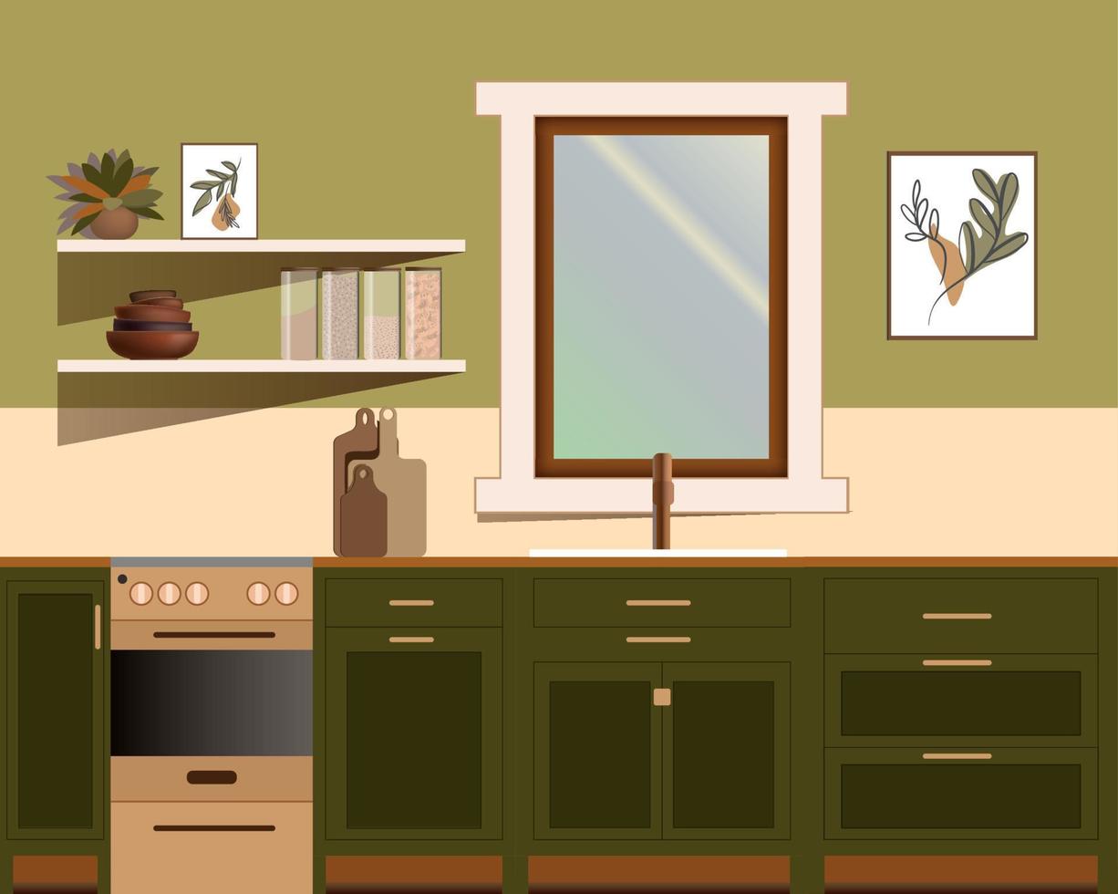 Kitchen, flat style. Green kitchen with stove, shelves, utensils and decor. vector