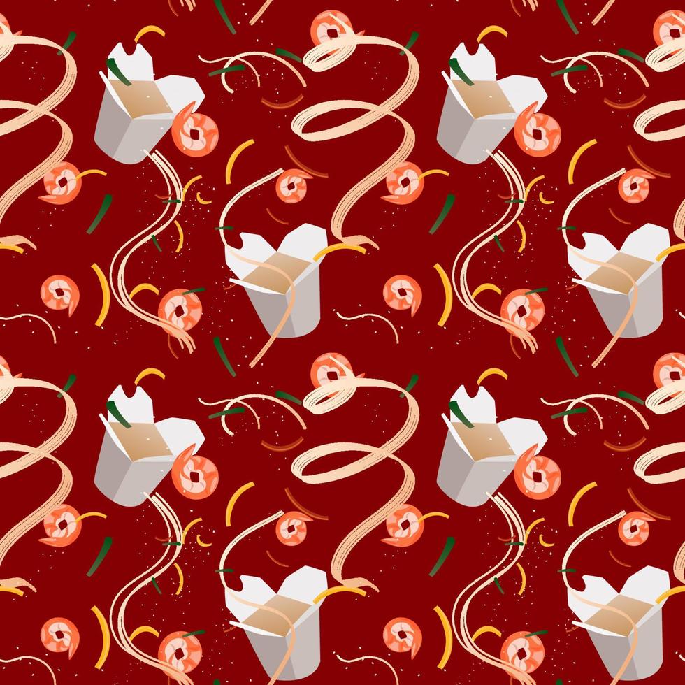 Chinese food in boxes seamless pattern on a red background. Carton food boxes with noodles, vegetables, seafood and meat, different fillings. Traditional Asian food. Vector food background.