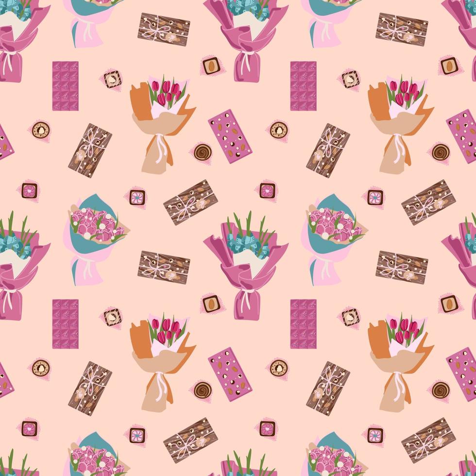 Valentine s Day seamless pattern with beautiful bouquet. For Valentine s day concept. Print for packaging paper, menu design, websites, textiles, etc. vector