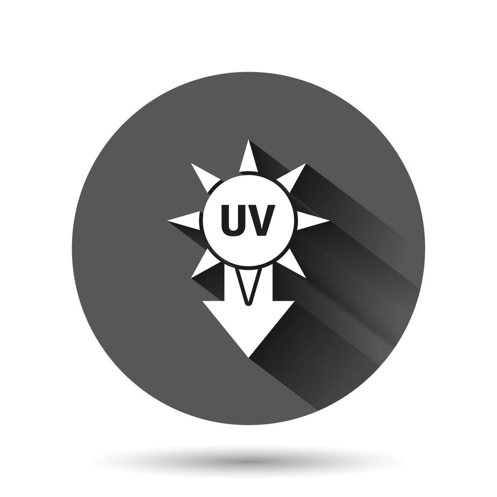 UV radiation icon in flat style. Ultraviolet vector illustration on black round background with long shadow effect. Solar protection circle button business concept.