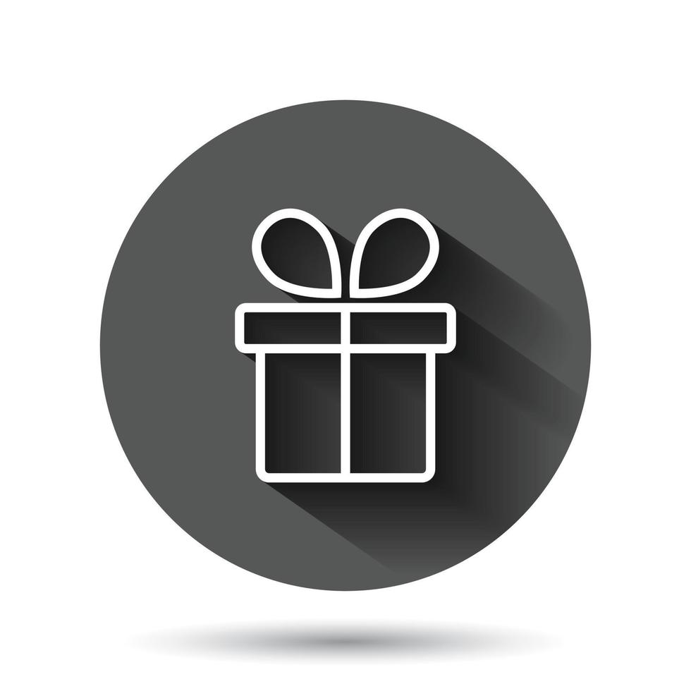 Gift box icon in flat style. Present package vector illustration on black round background with long shadow effect. Surprise circle button business concept.