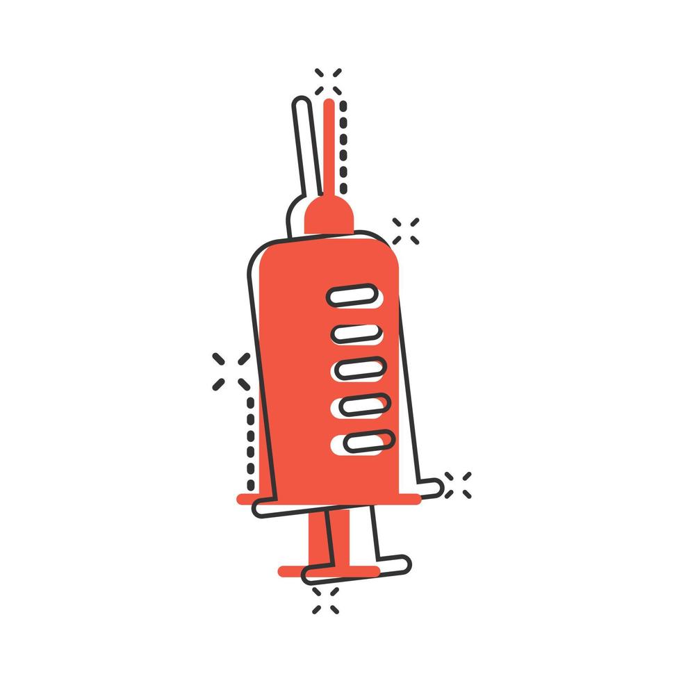 Syringe icon in comic style. Inject needle cartoon vector illustration on white isolated background. Drug dose splash effect business concept.