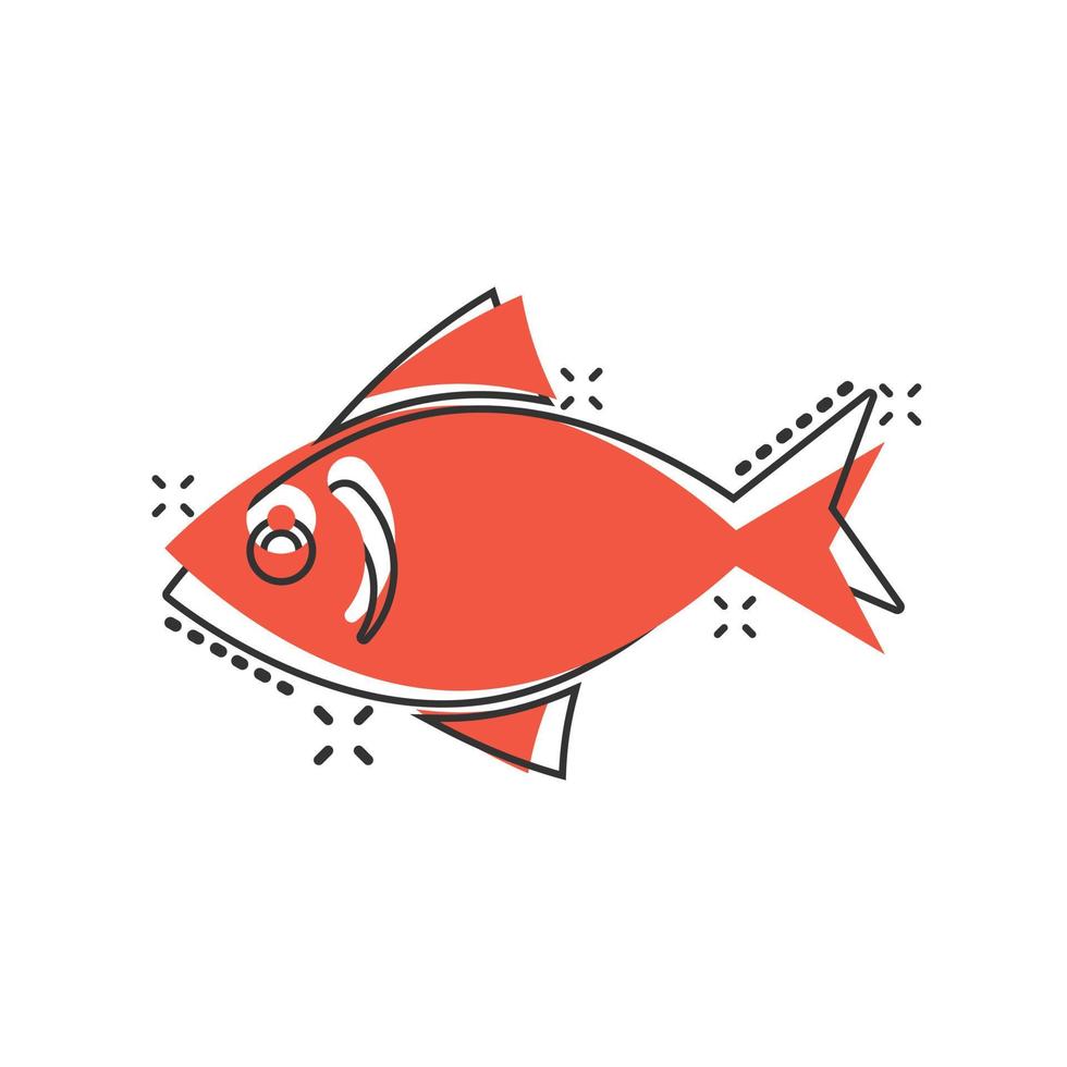 Fish icon in comic style. Seafood cartoon vector illustration on white isolated background. Sea animal splash effect business concept.