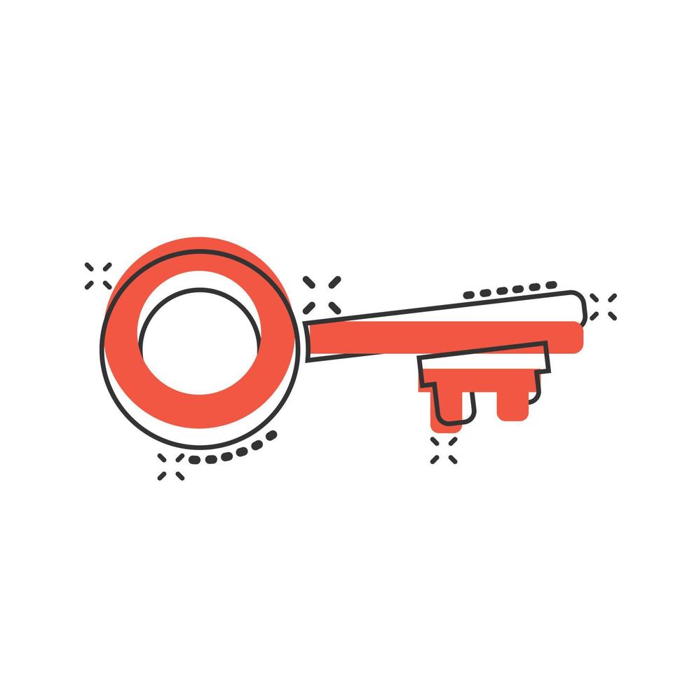 Key icon in comic style. Password cartoon vector illustration on white isolated background. Access splash effect business concept.