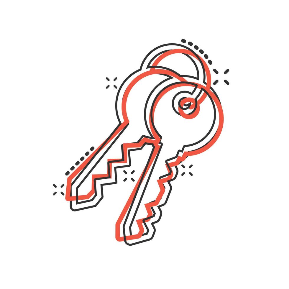 Key icon in comic style. Password cartoon vector illustration on white isolated background. Access splash effect business concept.