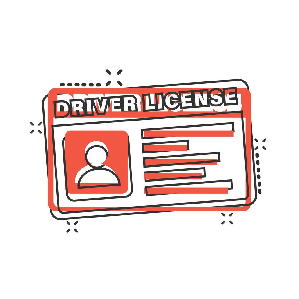 Driver license icon in comic style. Id card cartoon vector illustration on white isolated background. Identity splash effect business concept.