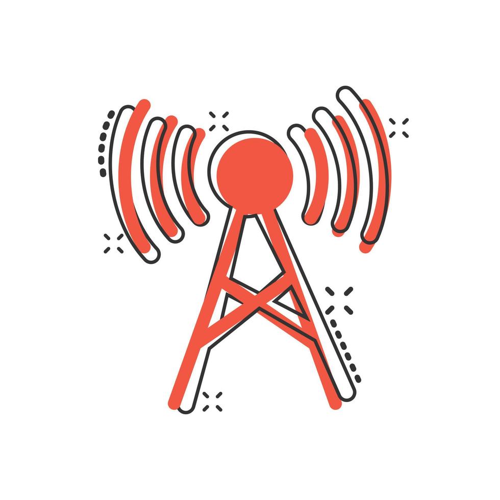 Antenna tower icon in comic style. Broadcasting cartoon vector illustration on white isolated background. Wifi splash effect business concept.