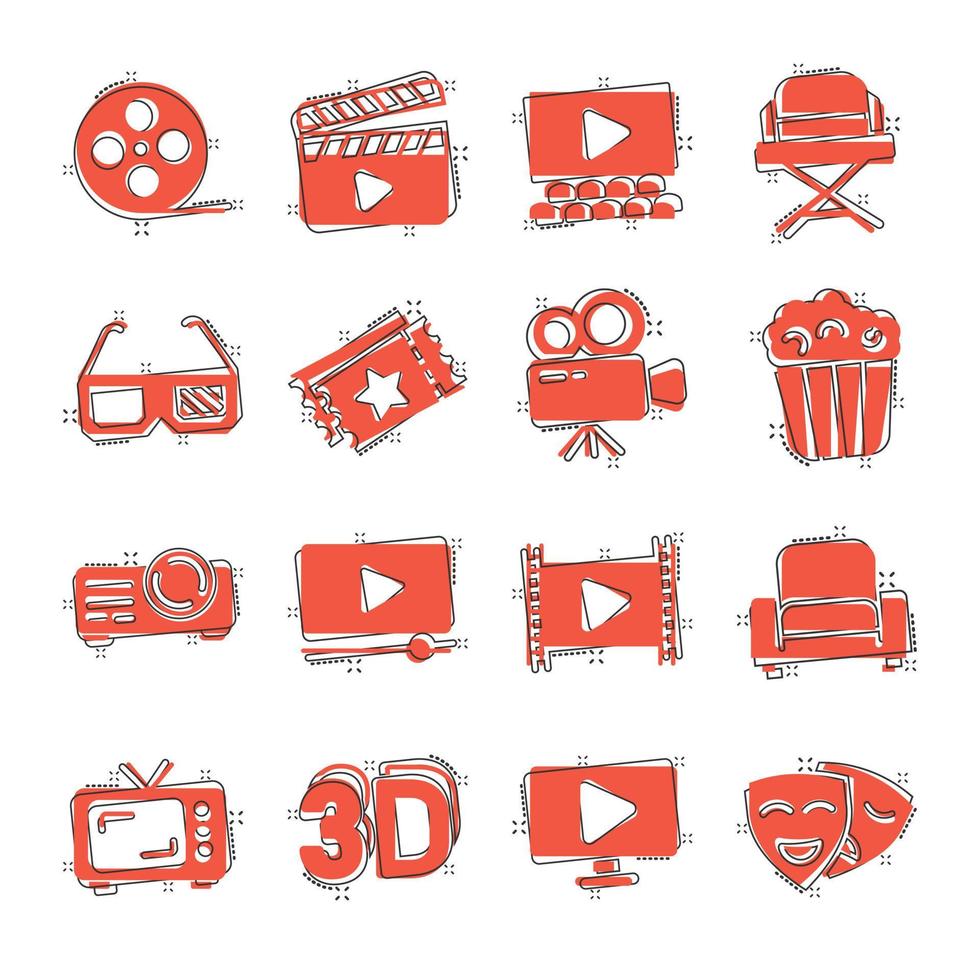 iconos de línea de cine en estilo cómico. ilustración de vector de dibujos animados conjunto de entretenimiento sobre fondo blanco aislado. concepto de negocio de efecto de salpicadura de medios de película.