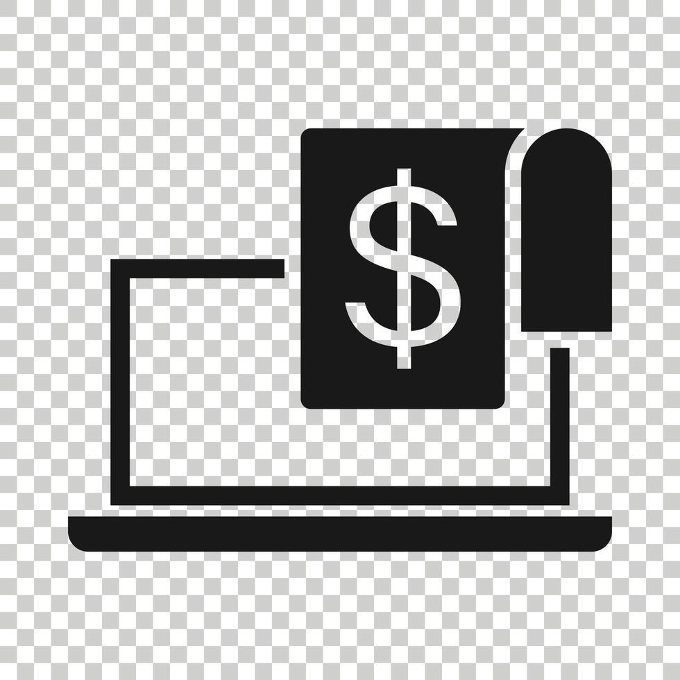 portátil con icono de dinero en estilo plano. ilustración de vector de dólar de computadora sobre fondo blanco aislado. concepto de negocio de monitoreo de finanzas.