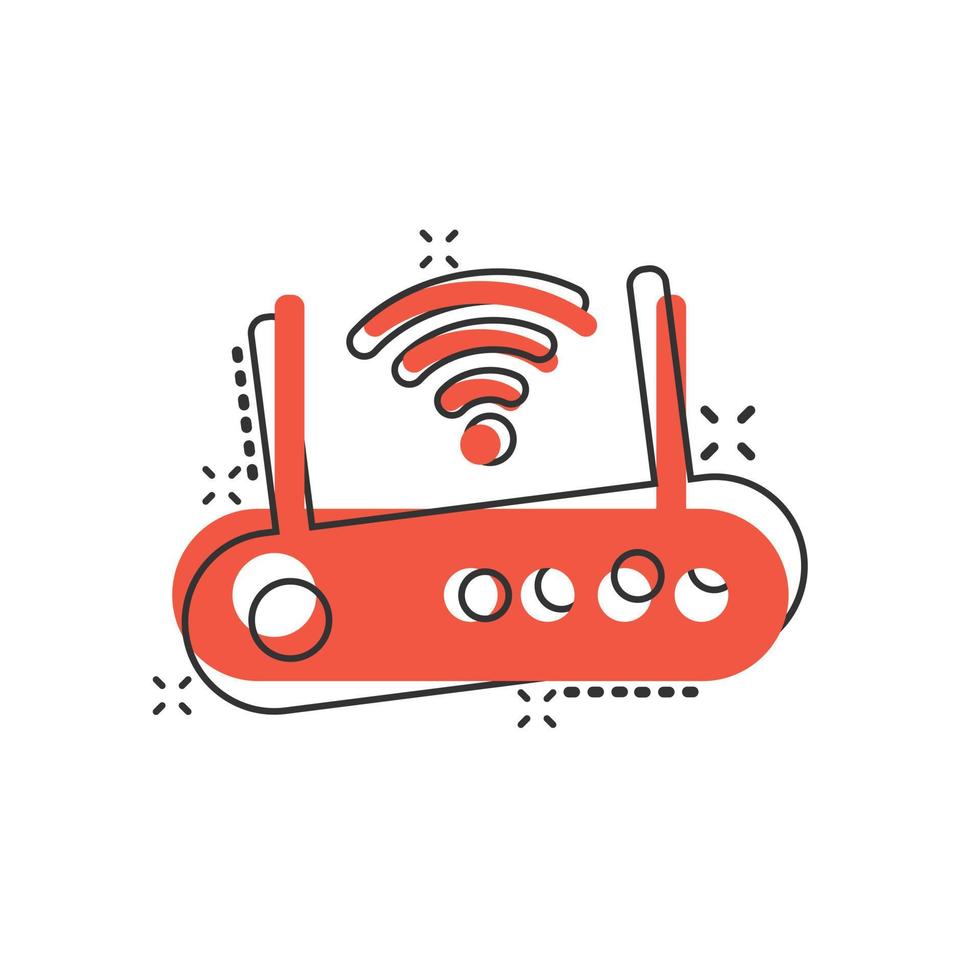 Wifi router icon in comic style. Broadband cartoon vector illustration on white isolated background. Internet connection splash effect business concept.